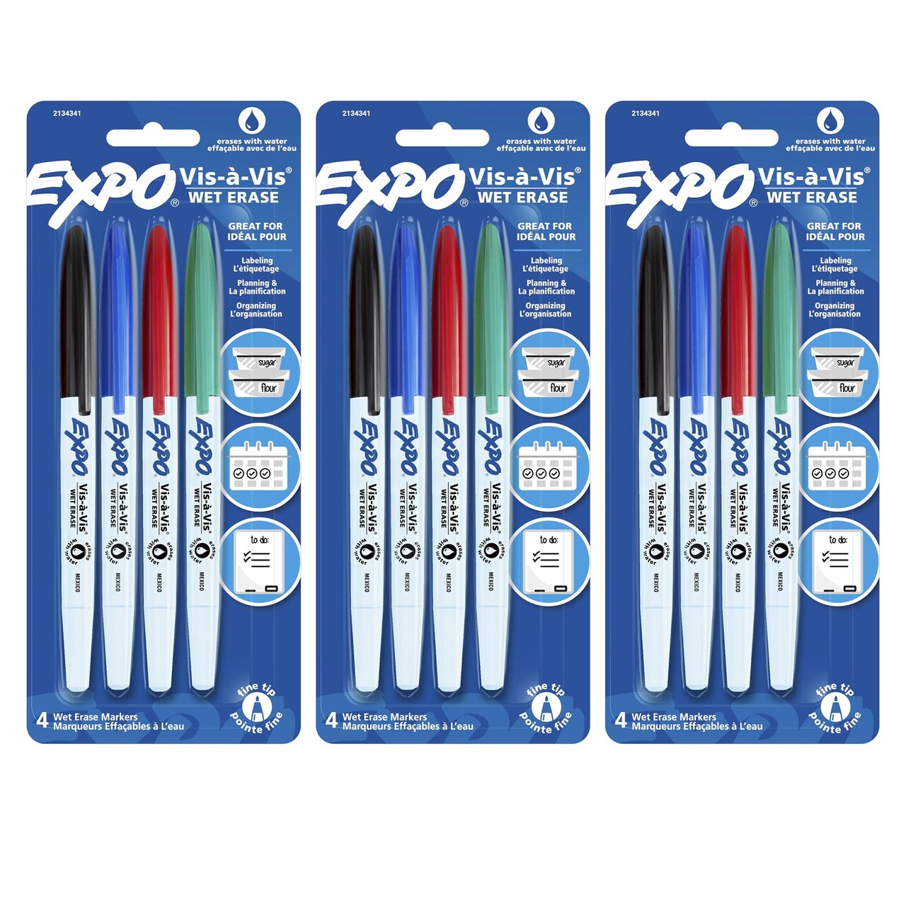 Vis-à-Vis Wet Erase Marker Set, Fine Tip, 4 Colors Per Pack, 3 Packs